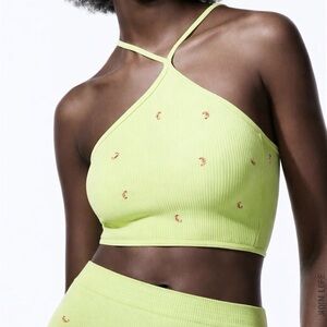 Zara Asymmetric Strap Embroidery Rib Knit Crop Top